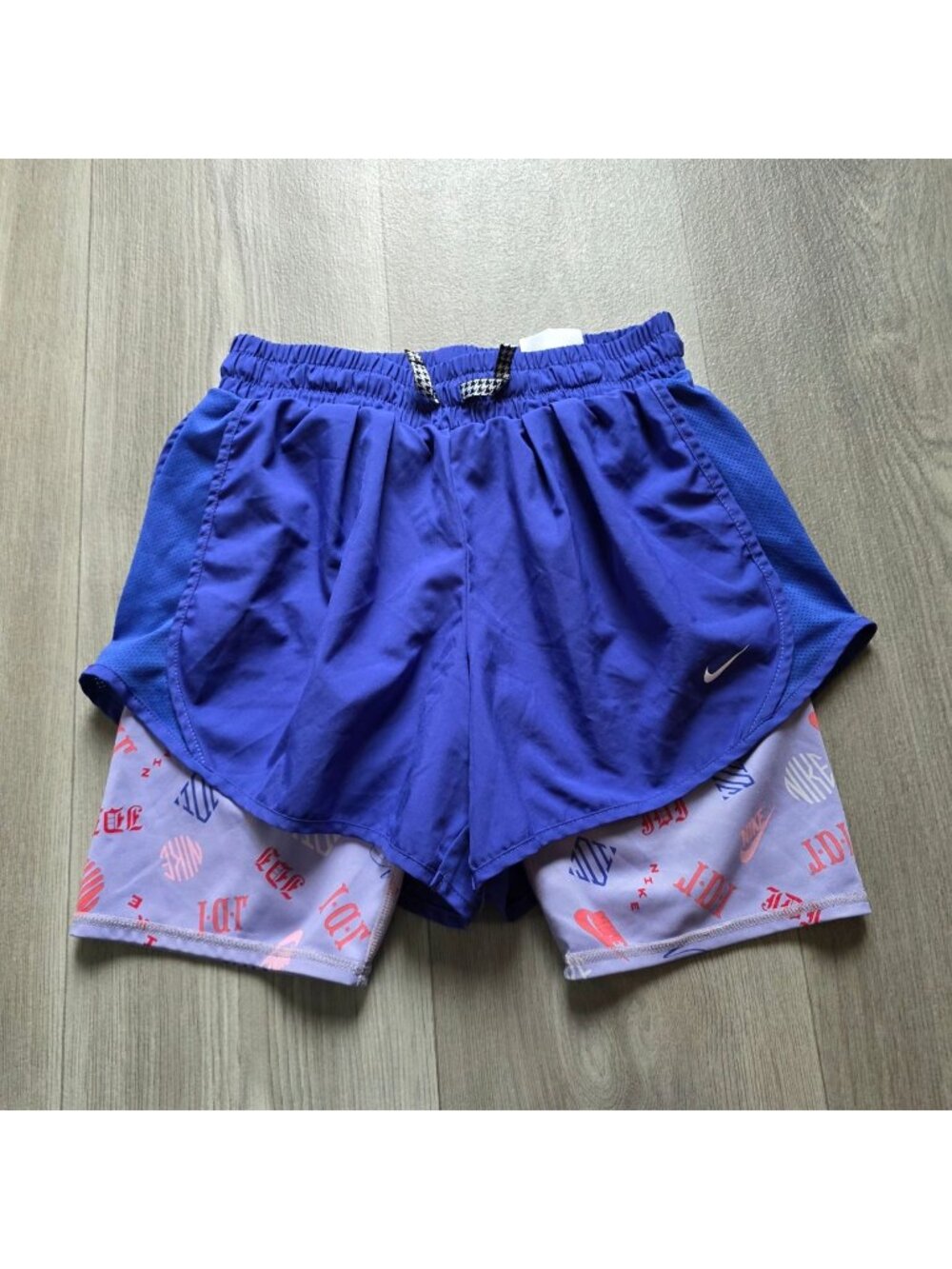 Nike Dri-Fit Gurls Blue Running Shorts Inner Logo Print Spandex Layer - Size L